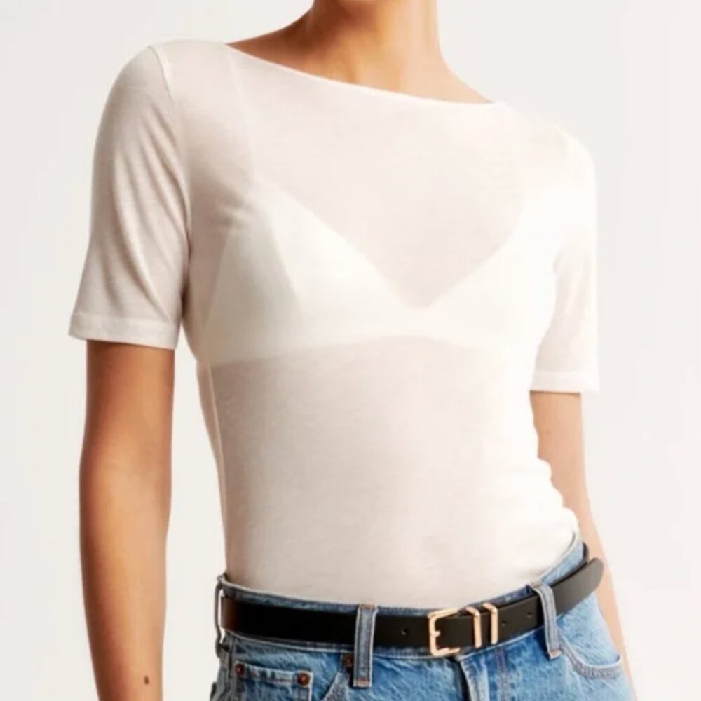NWT - Abercrombie Sheer Half-Sleeve Slash Top Medium White
